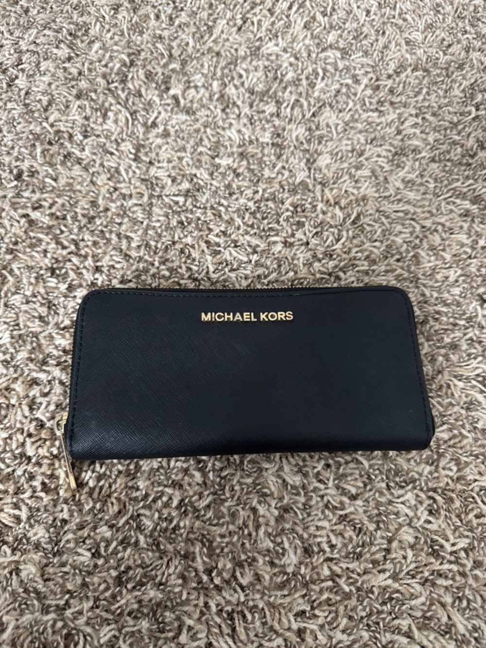 Michael Kors Black Zip-Around Leather Wallet with Gold Logo